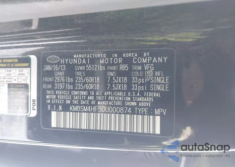 2013 Hyundai Santa Fe Gls z USA, uszkodzony, nr VIN KM8SM4HF5DU000874